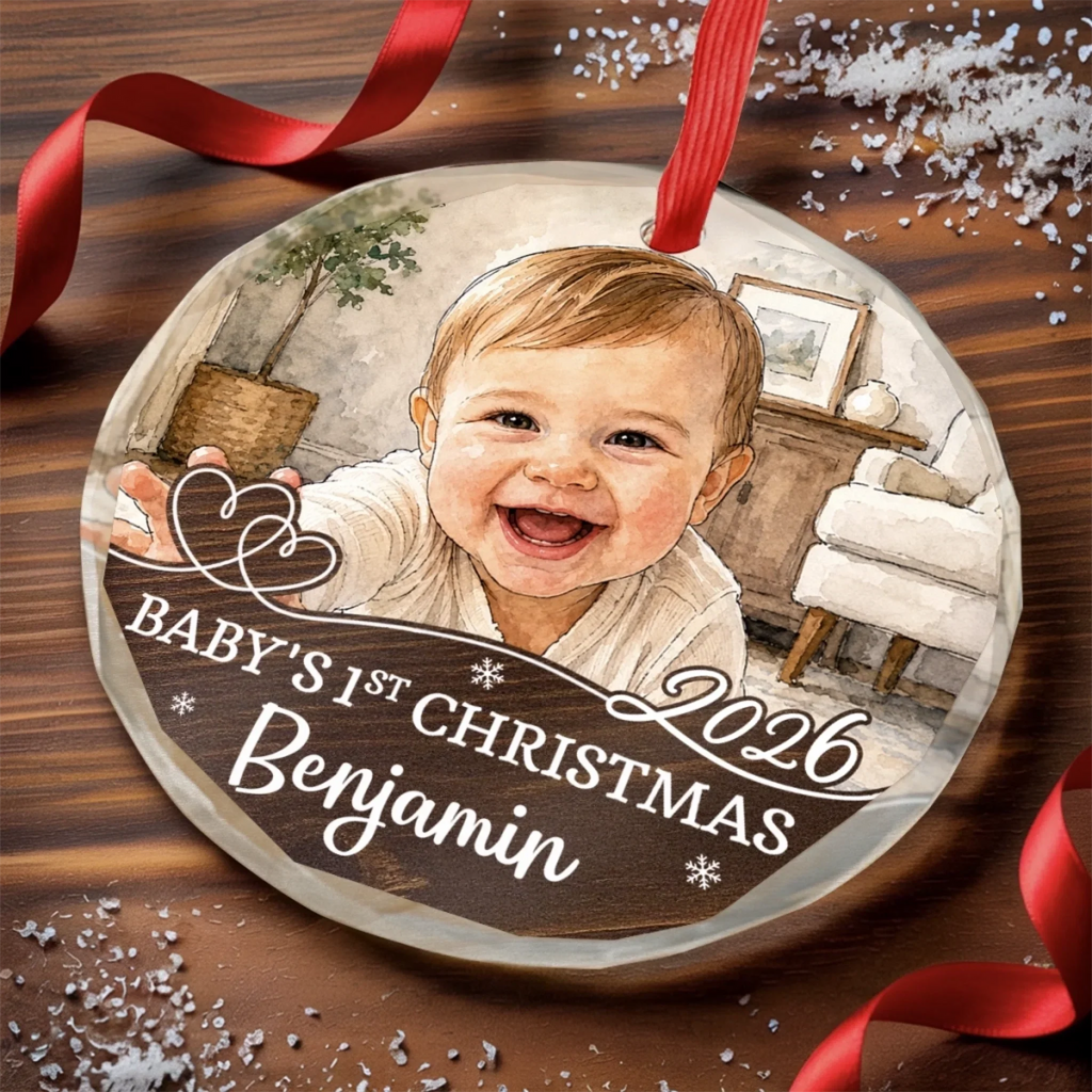 Custom Photo First Christmas Circle Glass Ornament - Personalized Christmas Baby Shower, Gender Reveal Gifts For New Moms, New Dads, New Parents - Little Joy Big Love