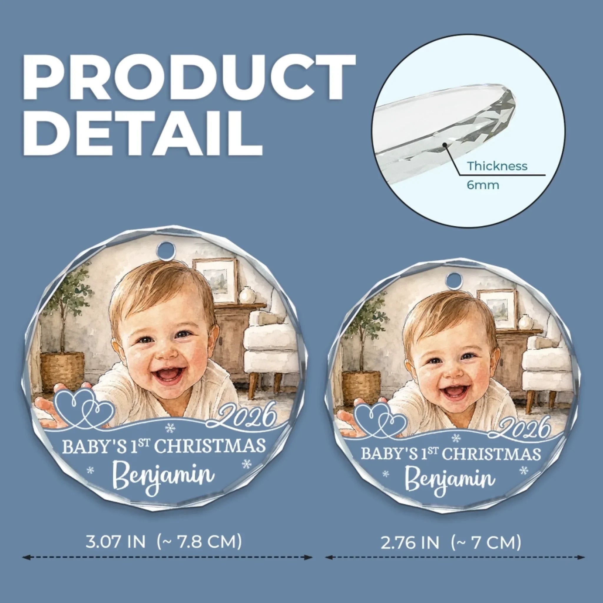 Custom Photo First Christmas Circle Glass Ornament - Personalized Christmas Baby Shower, Gender Reveal Gifts For New Moms, New Dads, New Parents - Little Joy Big Love