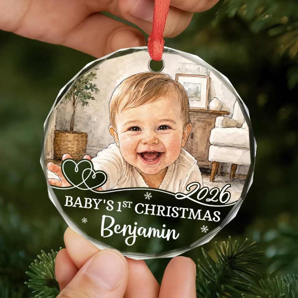 Custom Photo First Christmas Circle Glass Ornament - Personalized Christmas Baby Shower, Gender Reveal Gifts For New Moms, New Dads, New Parents - Little Joy Big Love