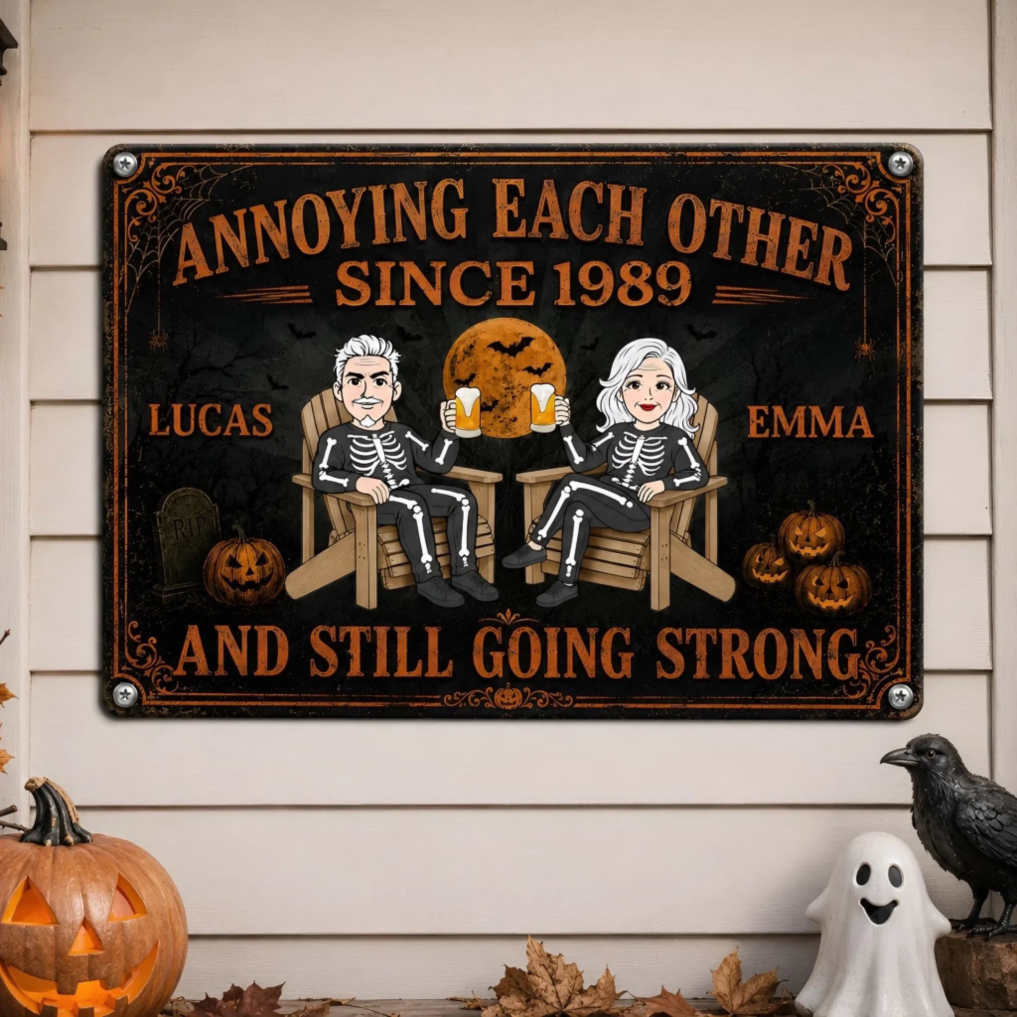 Custom Pumpkin Home Decor Metal Sign - Personalized Halloween Anniversary Wedding Gifts For Husband And Wife, Him And Her - Forever My Spooky Soulmate