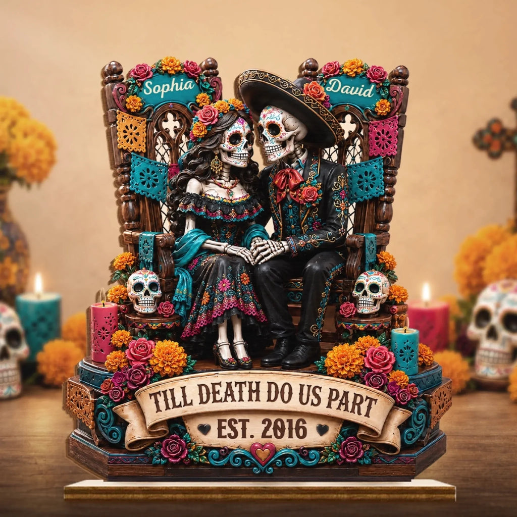 Custom Day Of The Dead 2-Layered Wooden Plaque - Personalized Halloween Decor, Anniversary Wedding Gifts For Husband And Wife, Him And Her - Eternal Skeletal Love