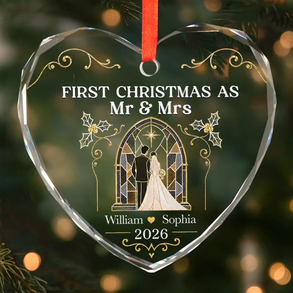 Custom First Christmas Heart Glass Ornament - Personalized Anniversary Christmas Wedding Gifts For Husband And Wife, Him And Her - Forever Starts Now