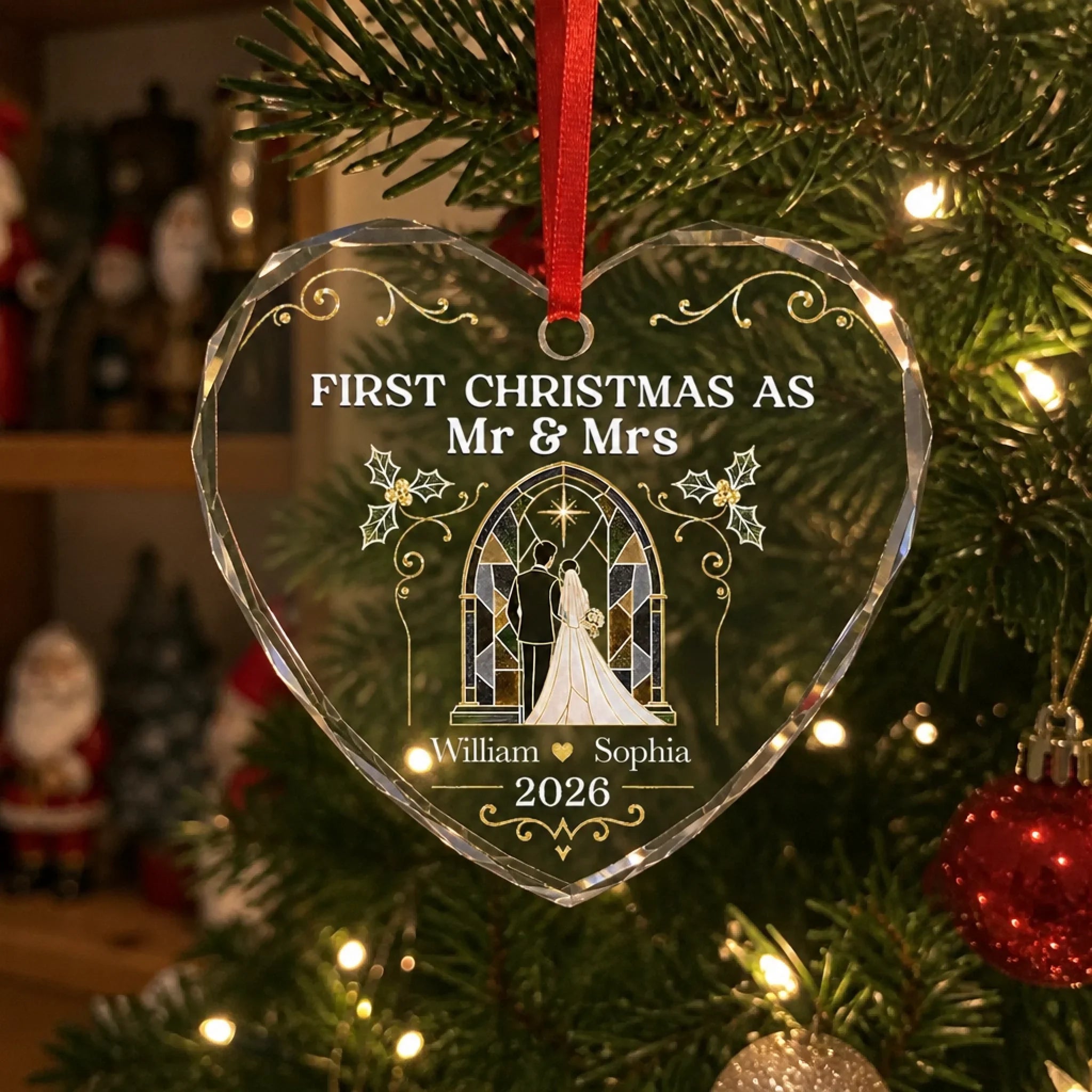 Custom First Christmas Heart Glass Ornament - Personalized Anniversary Christmas Wedding Gifts For Husband And Wife, Him And Her - Forever Starts Now