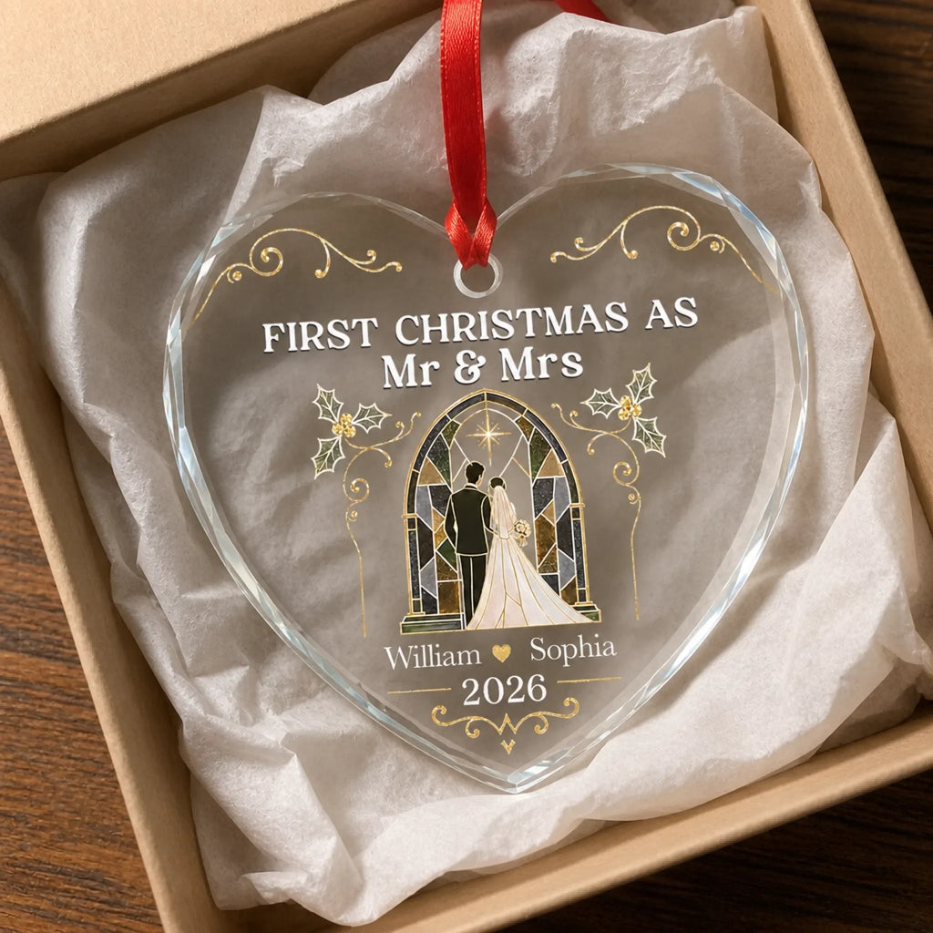Custom First Christmas Heart Glass Ornament - Personalized Anniversary Christmas Wedding Gifts For Husband And Wife, Him And Her - Forever Starts Now