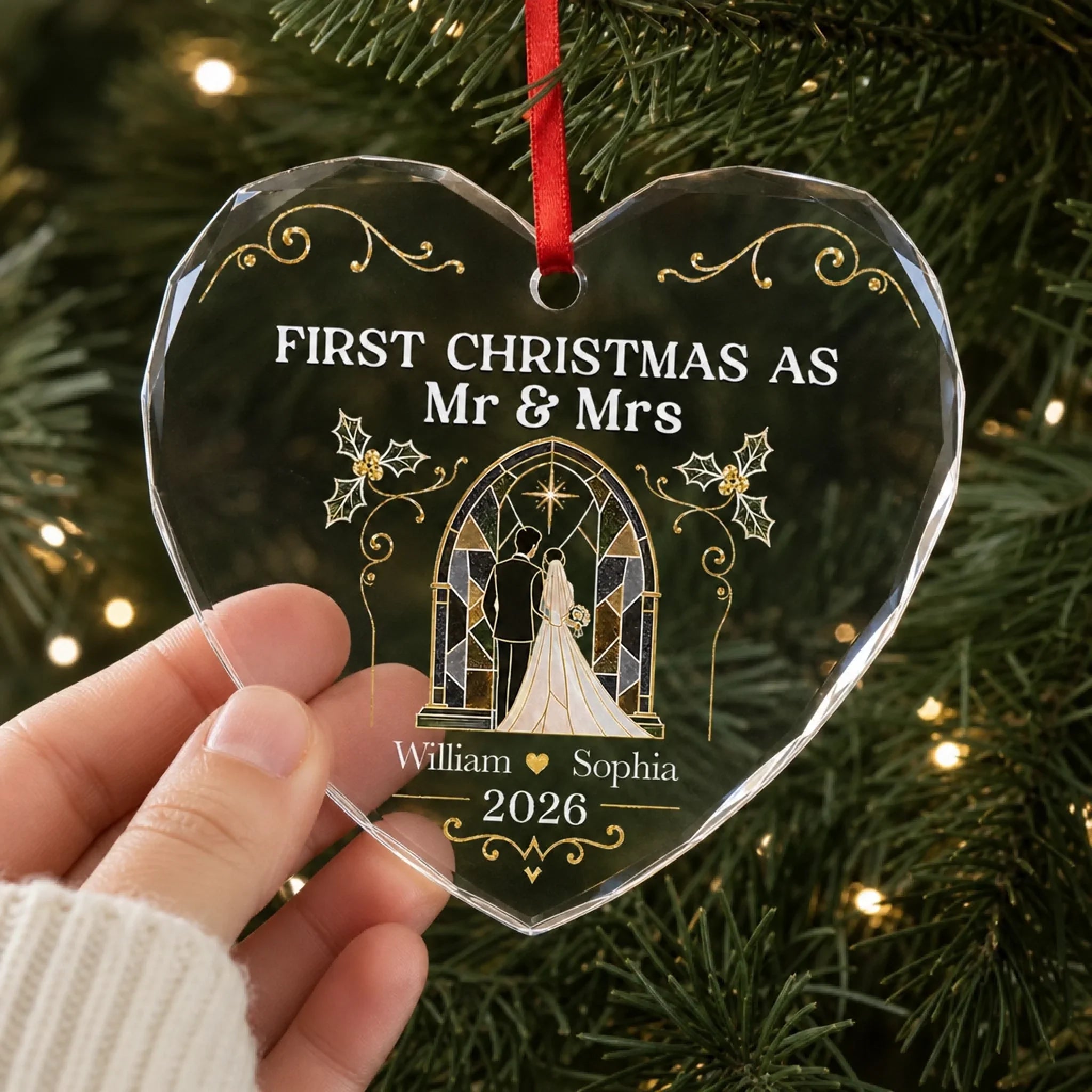 Custom First Christmas Heart Glass Ornament - Personalized Anniversary Christmas Wedding Gifts For Husband And Wife, Him And Her - Forever Starts Now