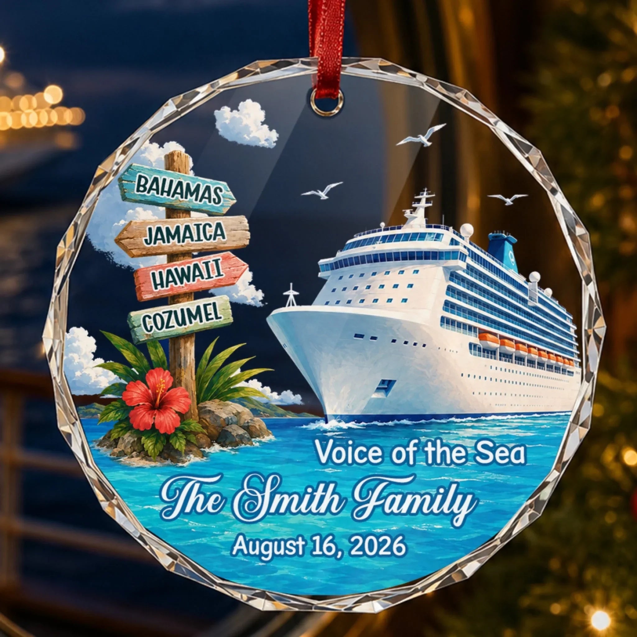 Custom Cruise Ship Circle Glass Ornament - Personalized Christmas Birthday Gifts For Mom, Dad, Brother, Sister - Making Waves Together