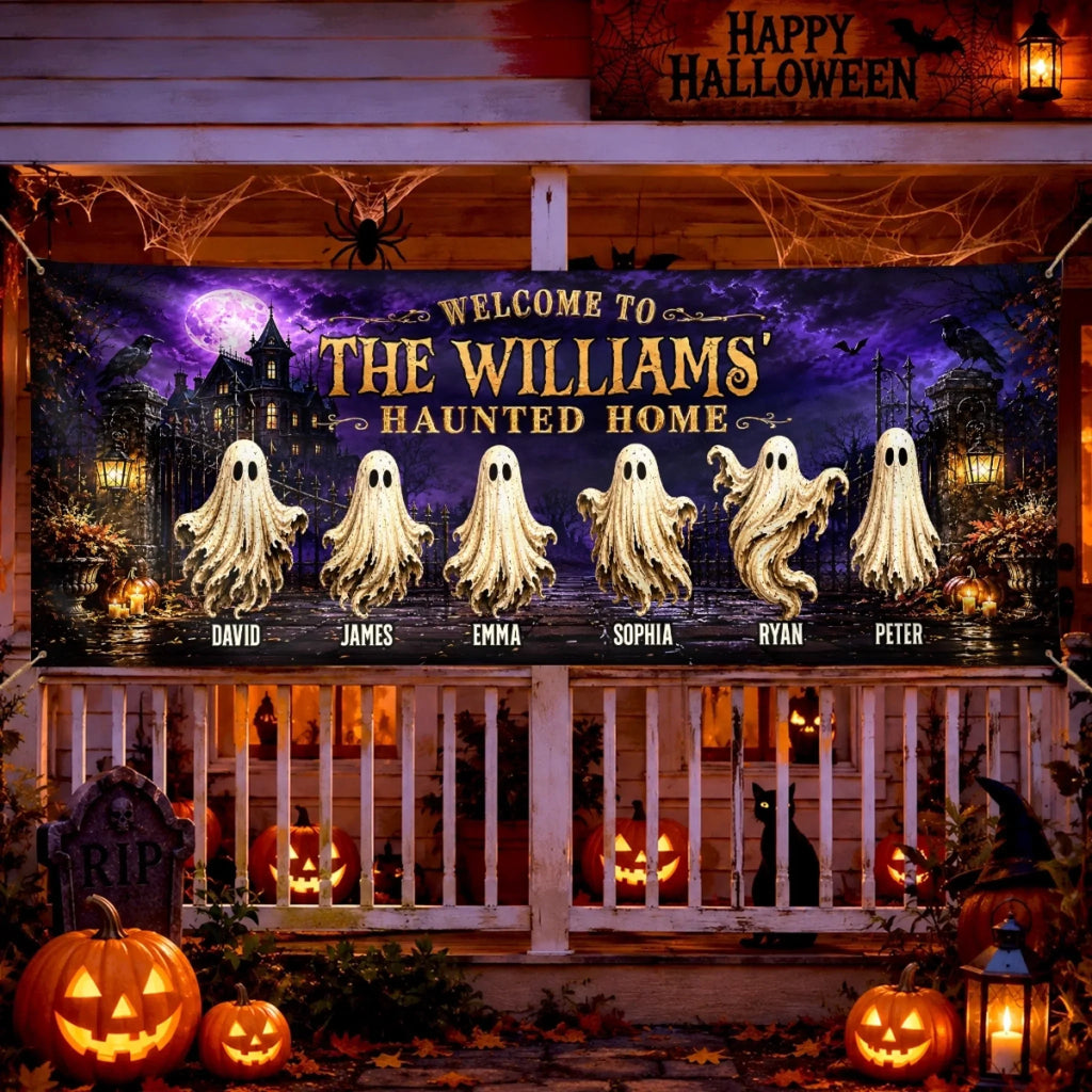 Custom Haunted Home Outdoor Banner - Personalized Halloween Decor Gifts For For Mom, Dad, Brother, Sister - Beware Of Our House