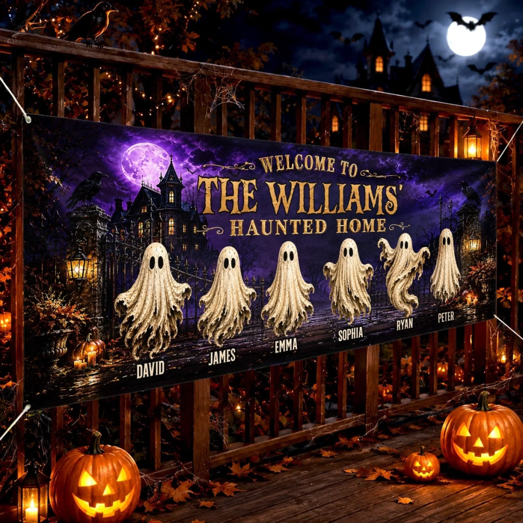 Custom Haunted Home Outdoor Banner - Personalized Halloween Decor Gifts For For Mom, Dad, Brother, Sister - Beware Of Our House