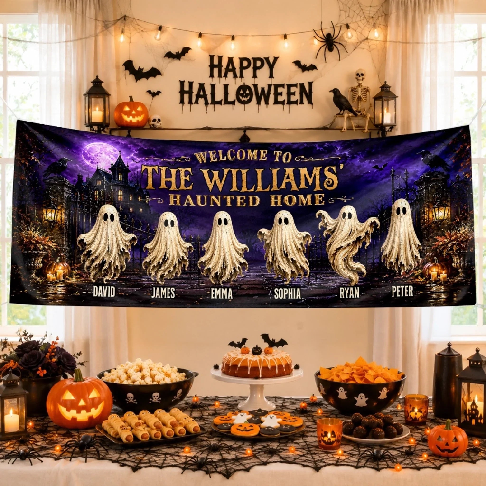 Custom Haunted Home Outdoor Banner - Personalized Halloween Decor Gifts For For Mom, Dad, Brother, Sister - Beware Of Our House