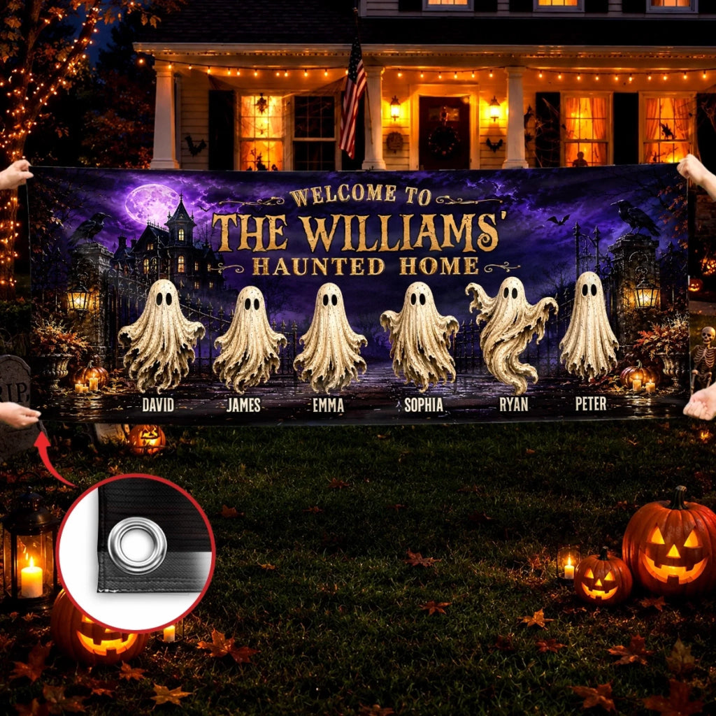 Custom Haunted Home Outdoor Banner - Personalized Halloween Decor Gifts For For Mom, Dad, Brother, Sister - Beware Of Our House