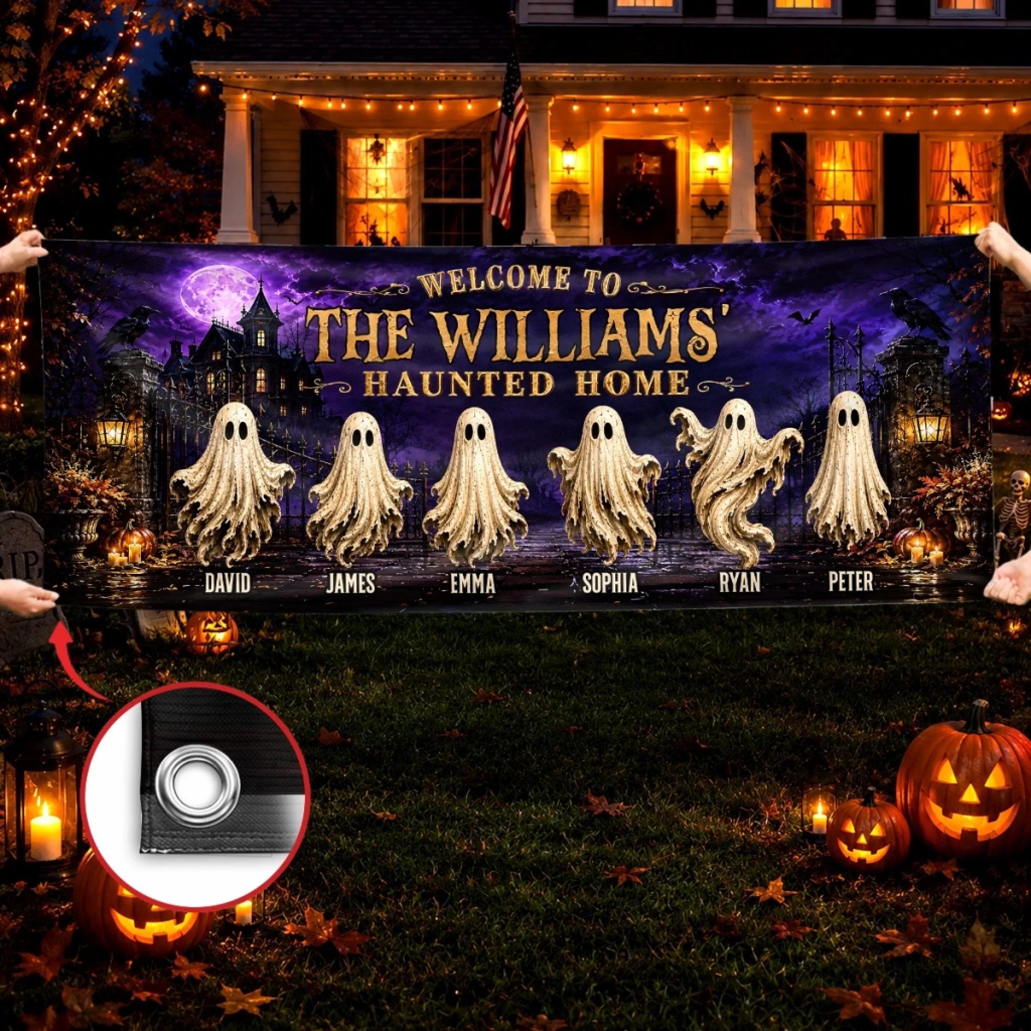 Custom Haunted Home Outdoor Banner - Personalized Halloween Decor Gifts For For Mom, Dad, Brother, Sister - Beware Of Our House
