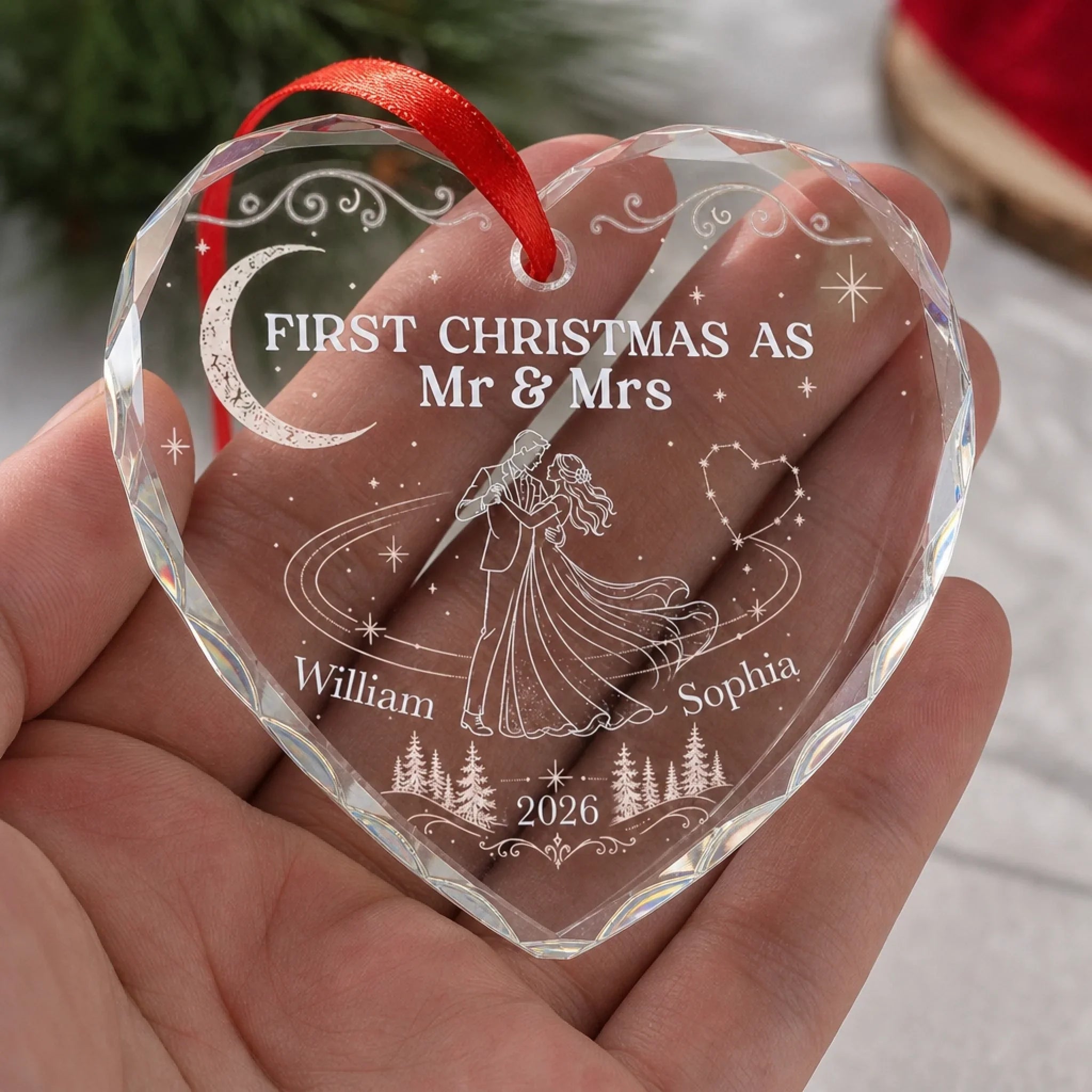 Custom First Christmas Heart Glass Ornament - Personalized Anniversary Christmas Wedding Gifts For Husband And Wife, Him And Her - Officially Mr & Mrs