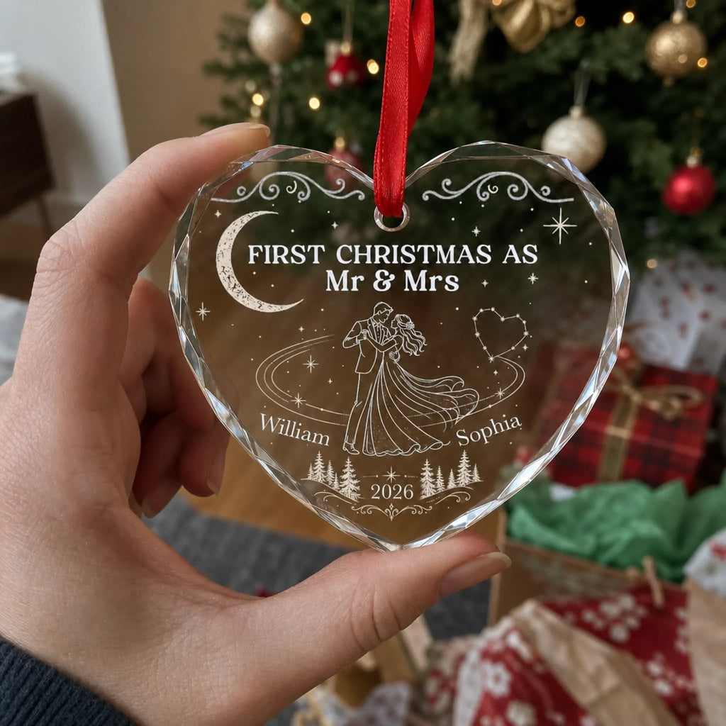 Custom First Christmas Heart Glass Ornament - Personalized Anniversary Christmas Wedding Gifts For Husband And Wife, Him And Her - Officially Mr & Mrs