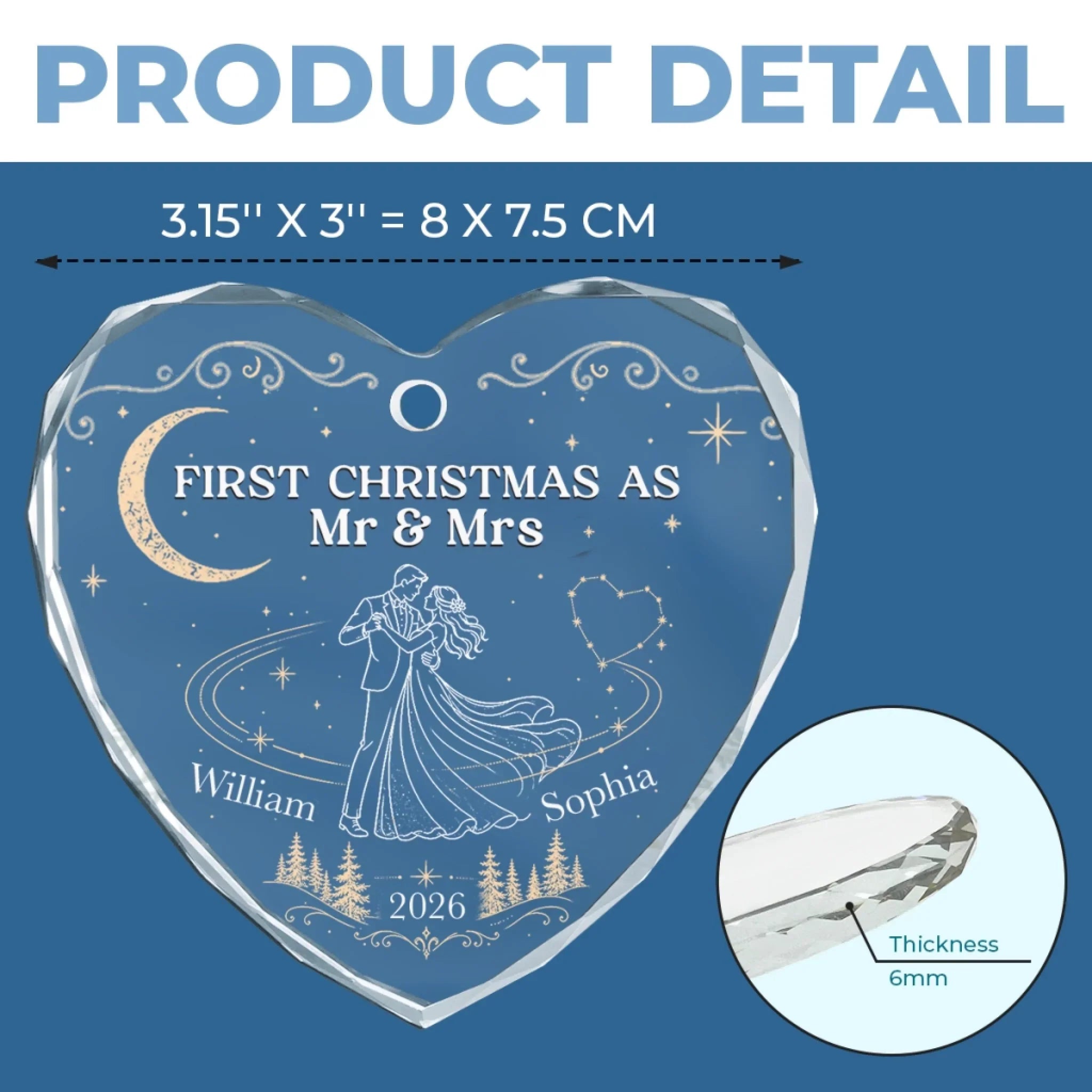Custom First Christmas Heart Glass Ornament - Personalized Anniversary Christmas Wedding Gifts For Husband And Wife, Him And Her - Officially Mr & Mrs