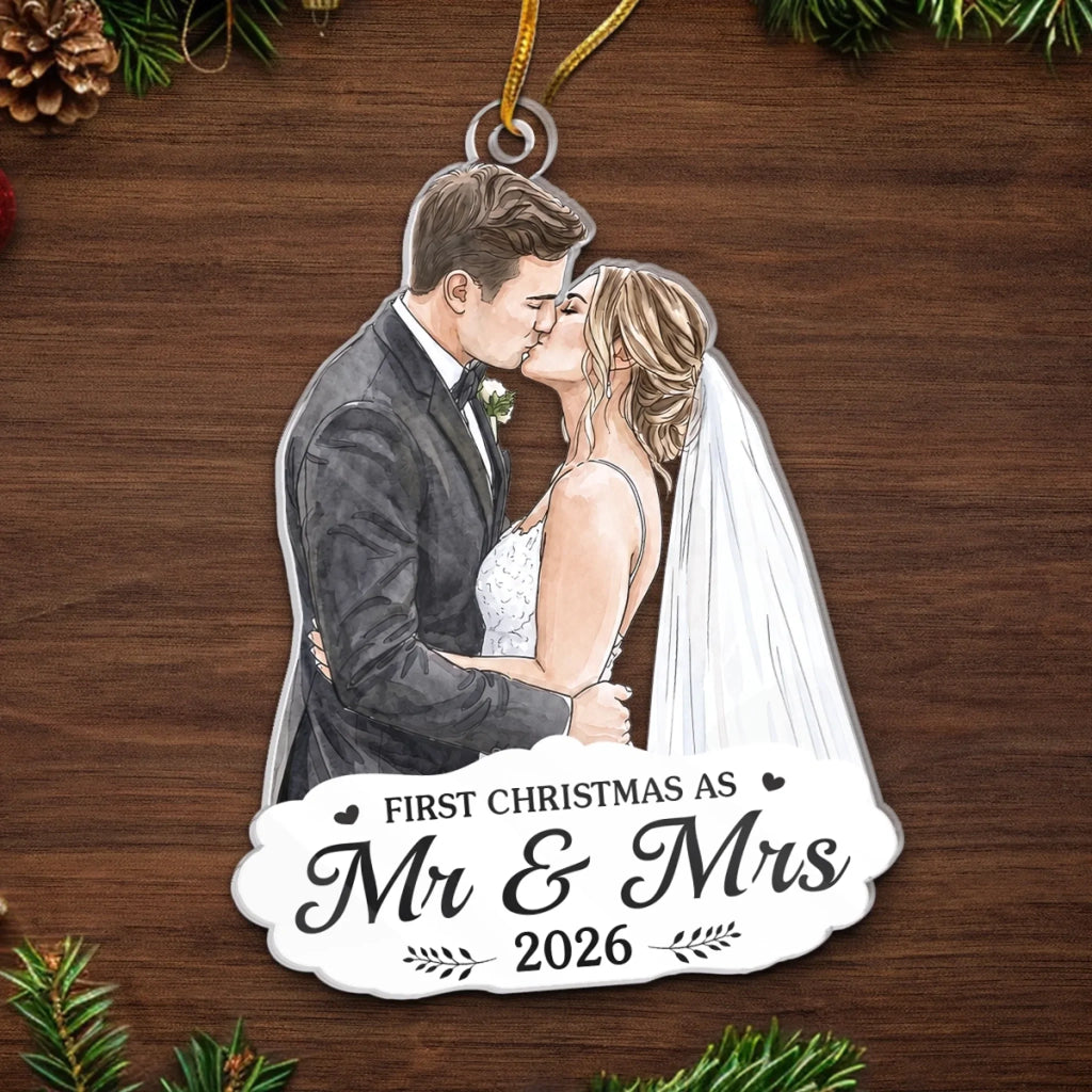 Custom  Photo First Christmas Acrylic Ornament - Personalized Anniversary Christmas Wedding Gifts For Husband And Wife, Him And Her - Under The Mistletoe