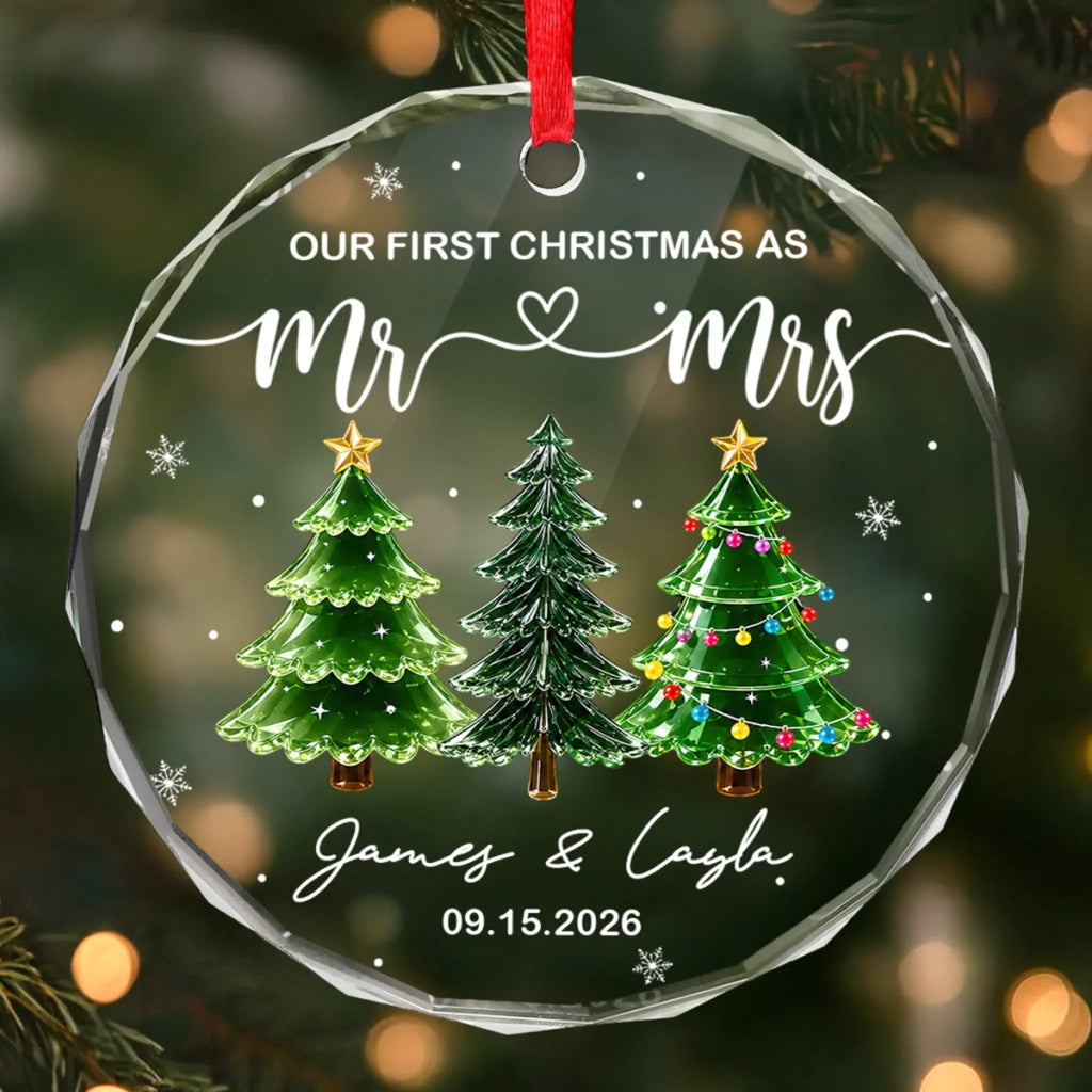 Custom First Christmas Circle Glass Ornament - Personalized Anniversary Christmas Wedding Gifts For Husband And Wife, Him And Her - Pure Married Bliss