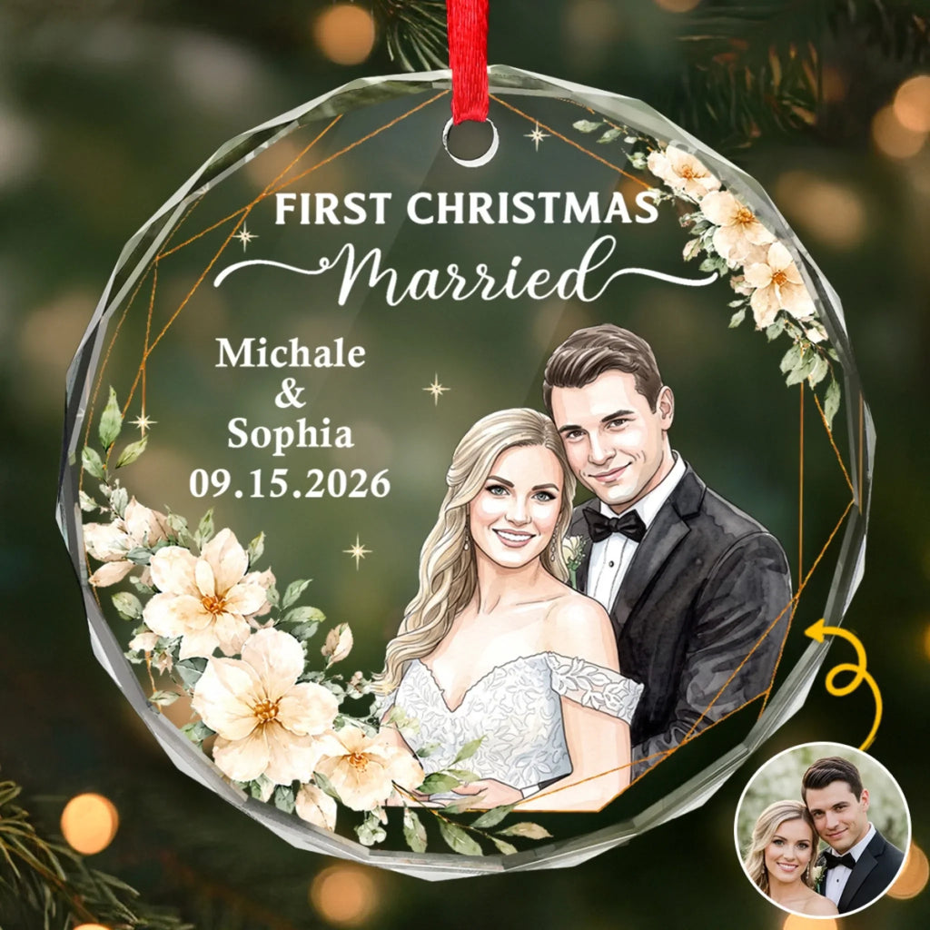 Custom Photo First Christmas Circle Glass Ornament - Personalized Anniversary Christmas Wedding Gifts For Husband And Wife, Him And Her - Treasured Winter Love Story