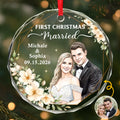 Custom Photo First Christmas Circle Glass Ornament - Personalized Anniversary Christmas Wedding Gifts For Husband And Wife, Him And Her - Treasured Winter Love Story