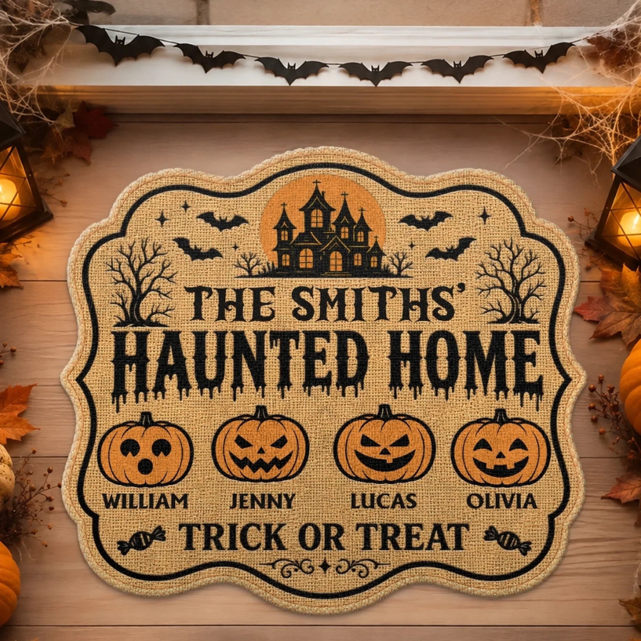 Custom Pumpkin Shaped Doormat - Personalized Halloween Decor Birthday Gifts For Mom, Dad, Brother, Sister, Kids - Pumpkins Smiles Memories