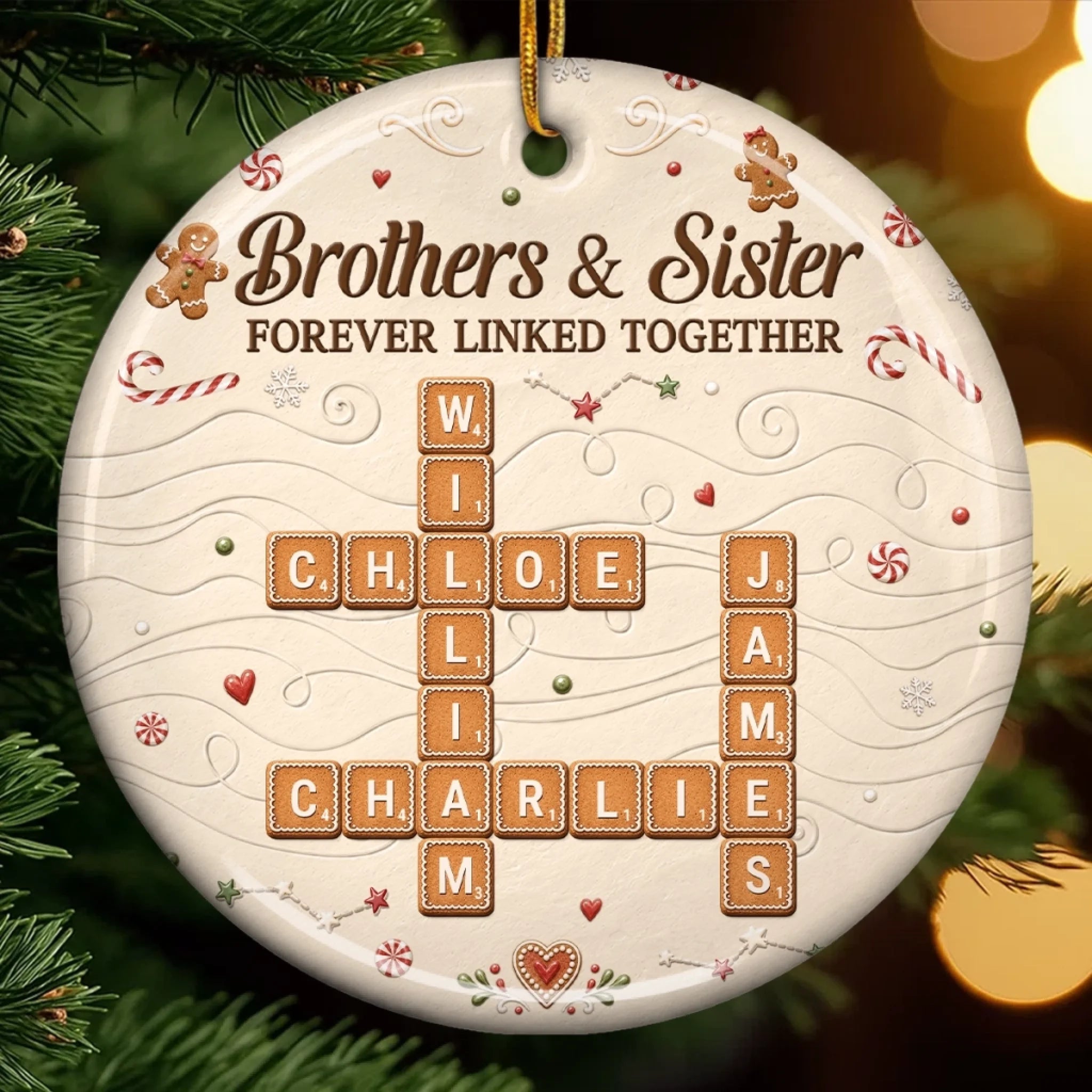 Custom Scrabble Ceramic Ornament - Personalized Christmas Birthday Gifts For Brother, Sister - Home Baked Happiness