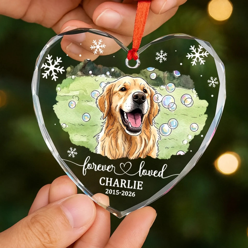 Custom Photo Heart Glass Ornament - Personalized Pet Christmas Memorial Sympathy Gifts For Dogs, Cats - Love Never Leaves