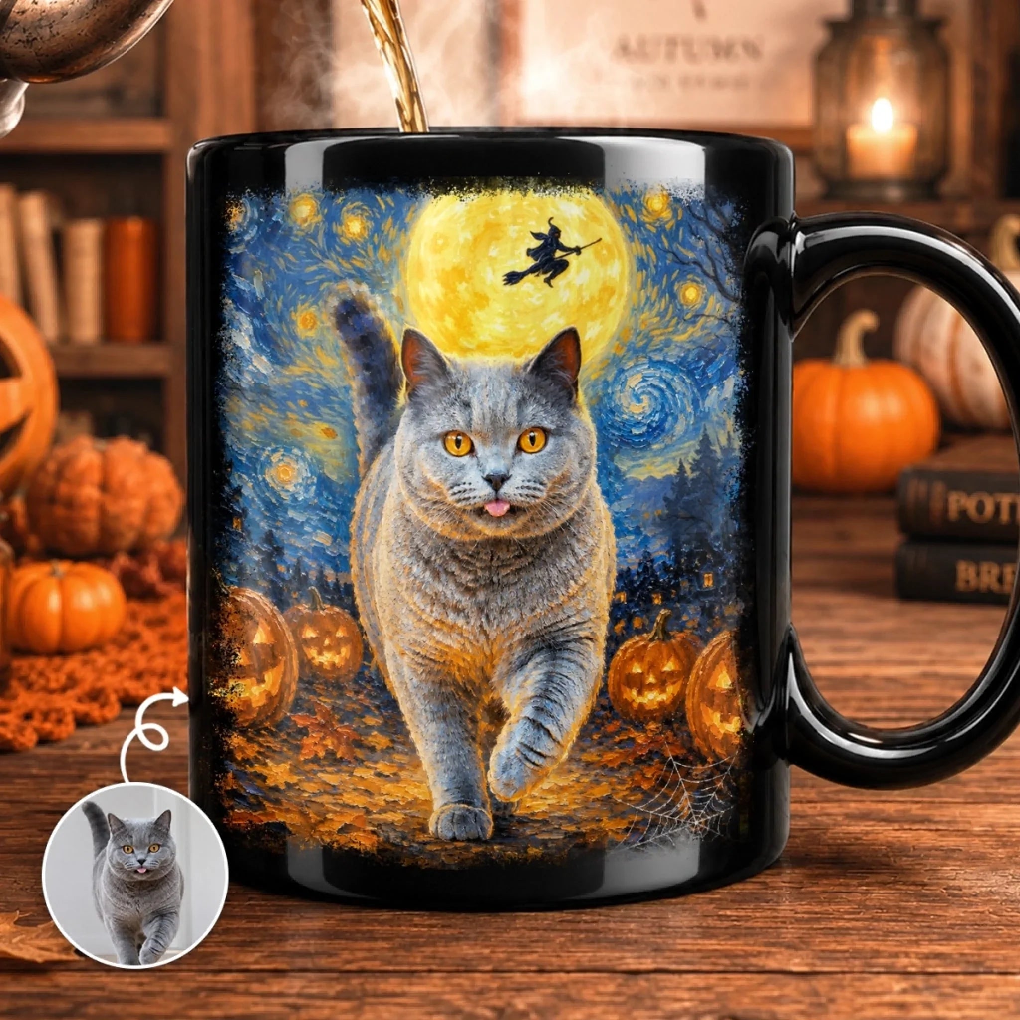 Custom Photo Starry Night Black Mug - Personalized Halloween Birthday Gifts For Dog Cat Lovers, Dog Dad And Mom, Cat Owners - Paws And Moonlight